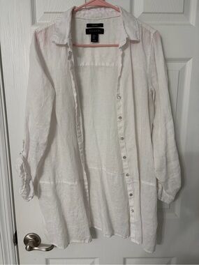 Tahari White Linen Open-Front Tunic Shirt